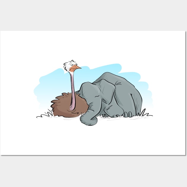 Sleepy Elephant & Ostrich (Color) Wall Art by Jason's Doodles